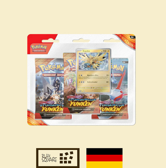 Pokémon TCG - KP08 "Karmesin & Purpur - Stürmische Funken" - 3-Pack Blister "Zapdos" - DE